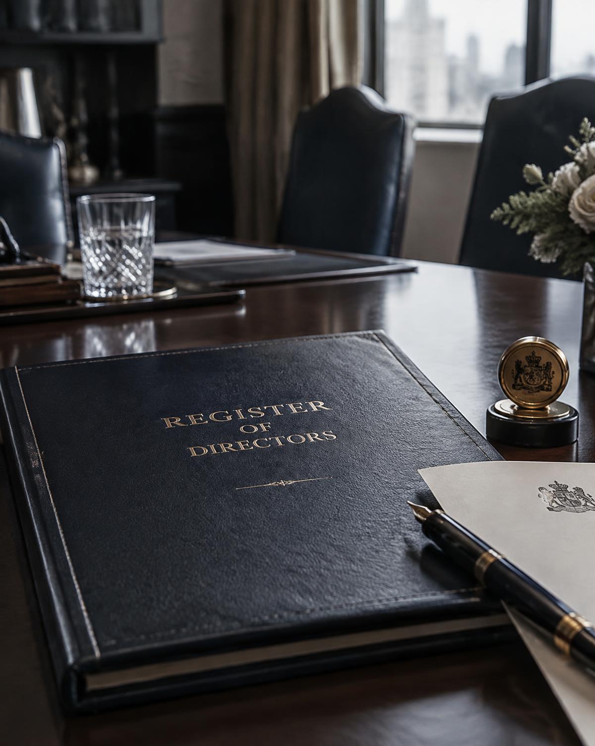 Register of directors and company seal on a boardroom table