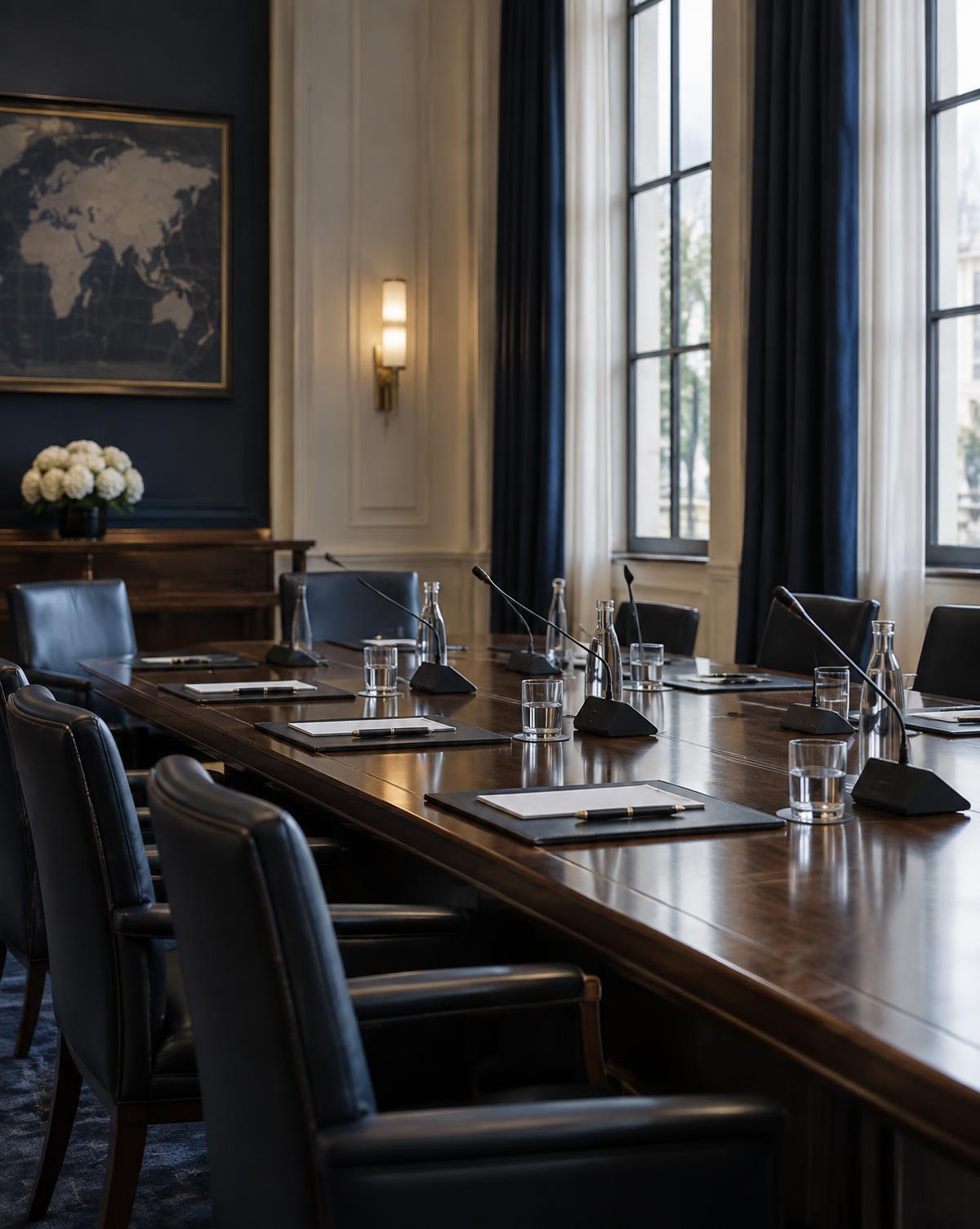 International arbitration hearing room with long wooden table
